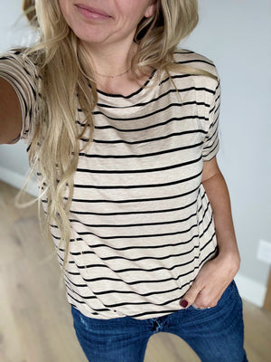 End of the Day Short Sleeve Striped Top in Taupe and Black