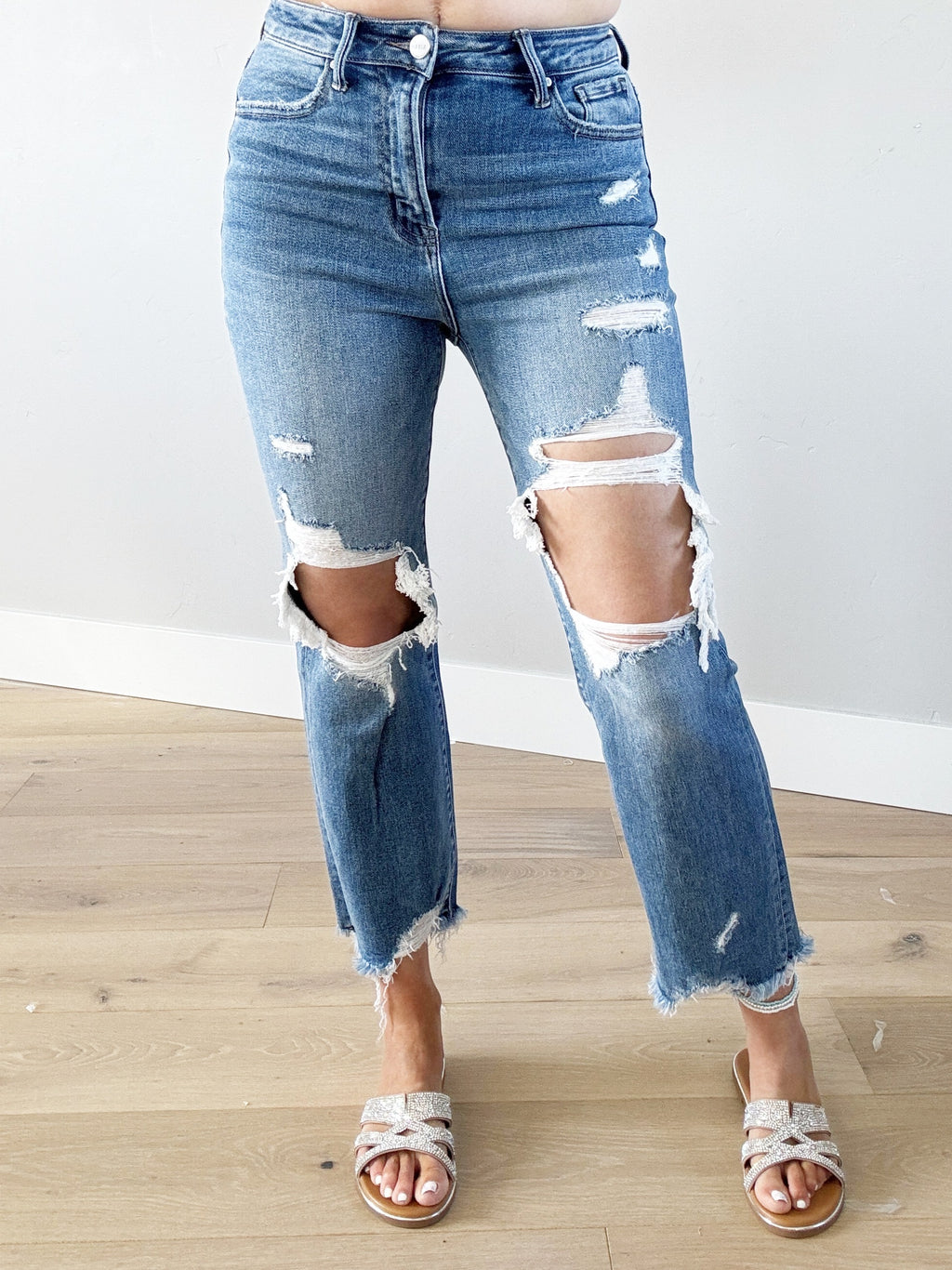 Risen High Rise Distressed Crop Straight Jeans