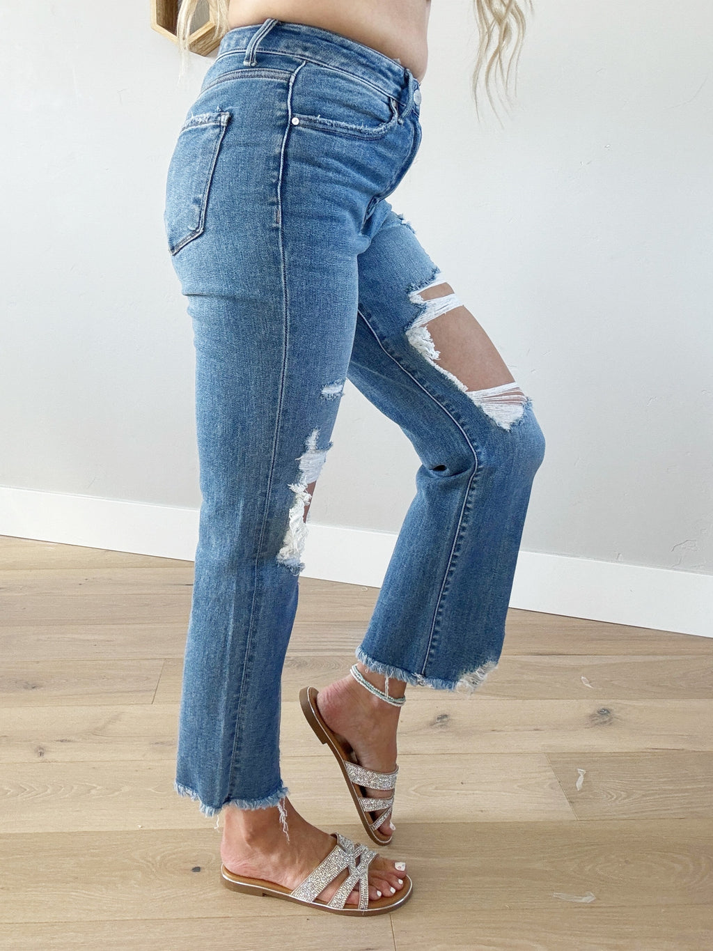 Risen High Rise Distressed Crop Straight Jeans