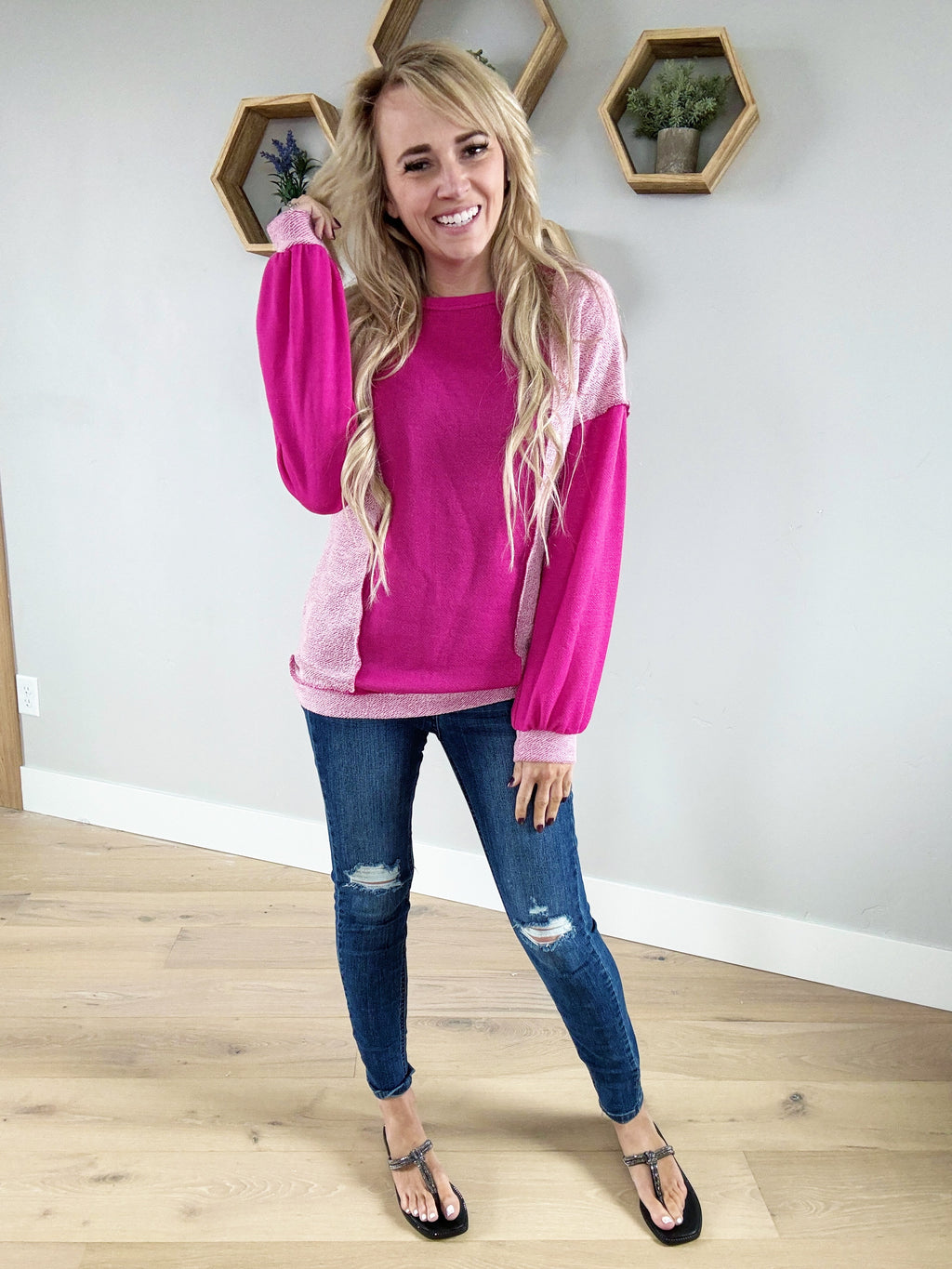 Party Girl Color Block Long Sleeve in Roseberry