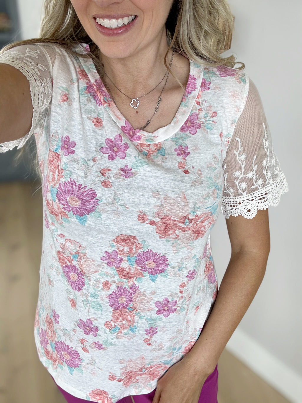 Kiss Me Floral Tri-blend Round Neck Top with Lace Sleeves
