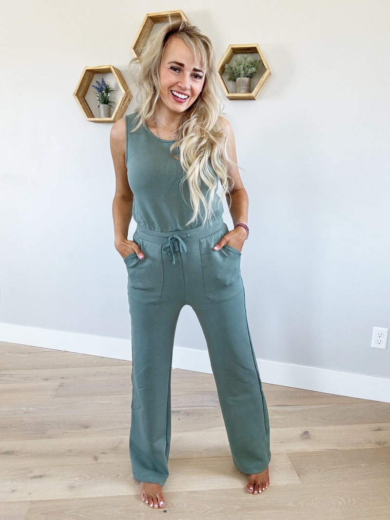 Realization Sleeveless Full Length Jumpsuit in Sage Leaf