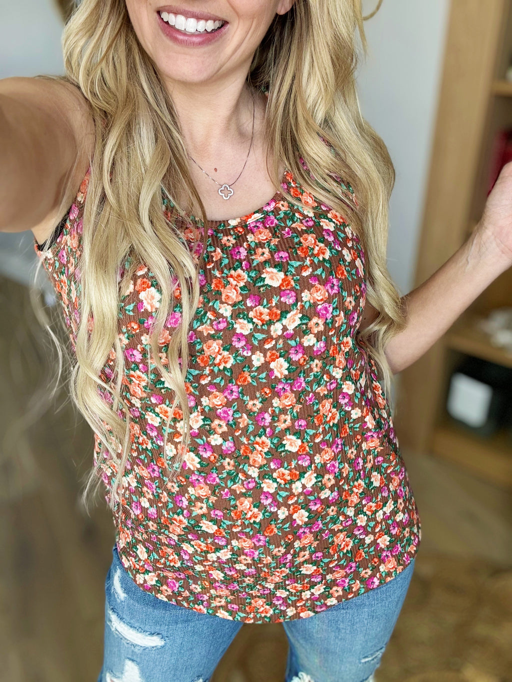 No Worries Dainty Floral Knit Tank in Camel