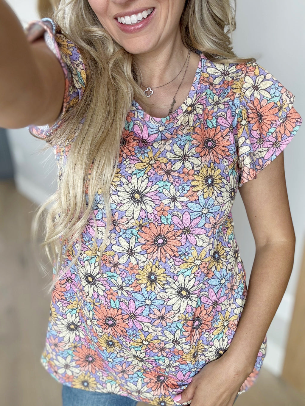 So Productive Short Sleeve Floral Print Top in Lavender Multi