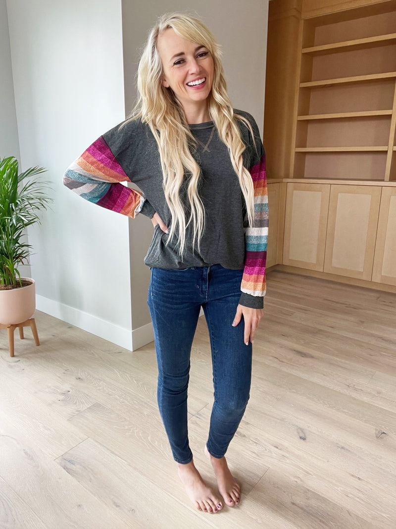 Best Intentions Long Sleeve Top in Charcoal and Stripes