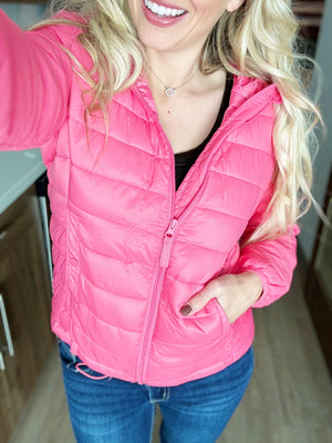 Believe Zip-Up Puffer Jacket in Pink