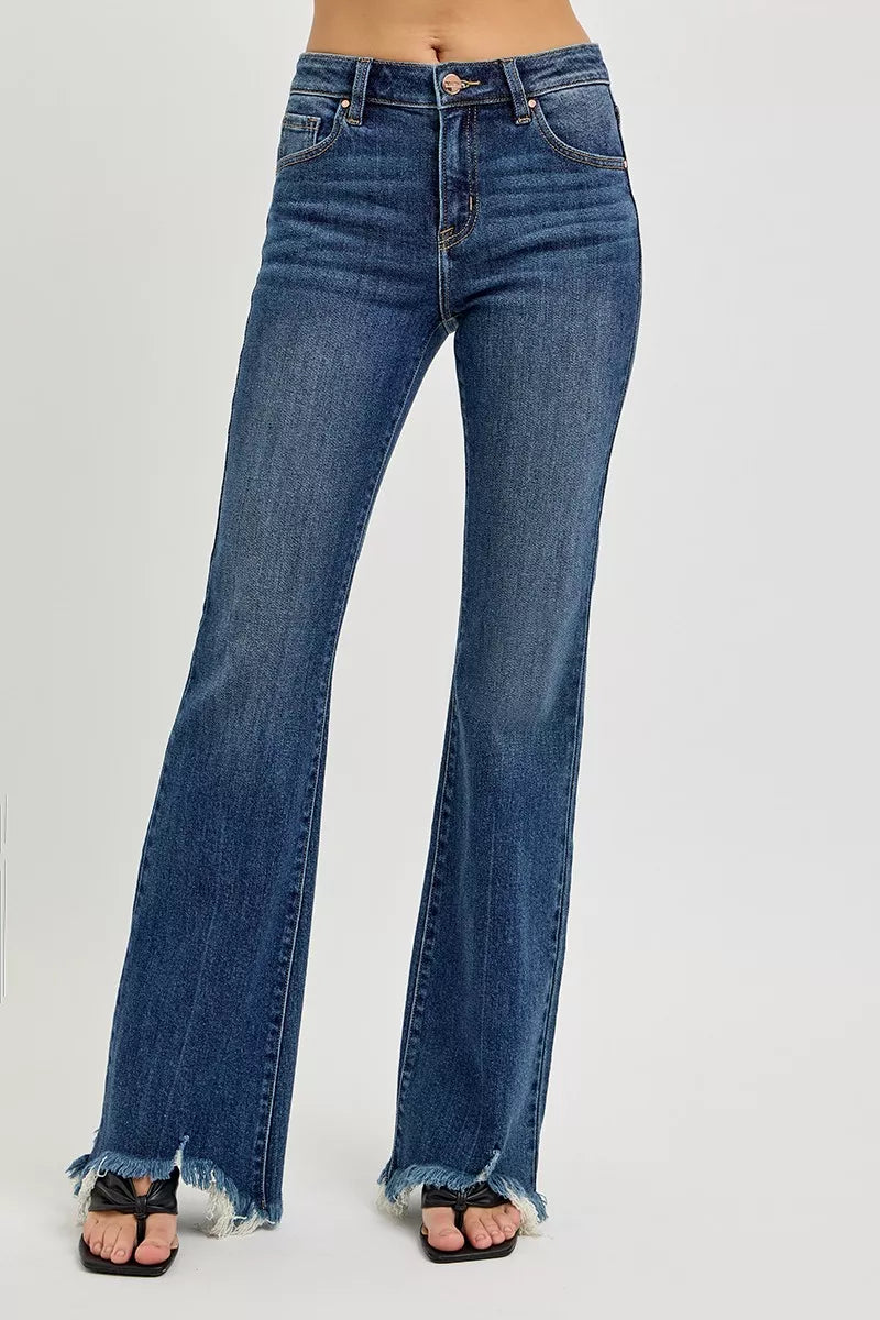 Risen Mid Rise Flare Frayed Hem Jeans