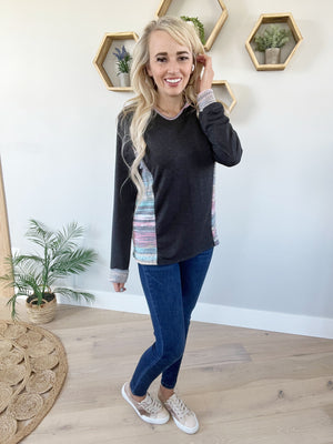 Betty Long Sleeve Color Block Hooded Top in Charcoal