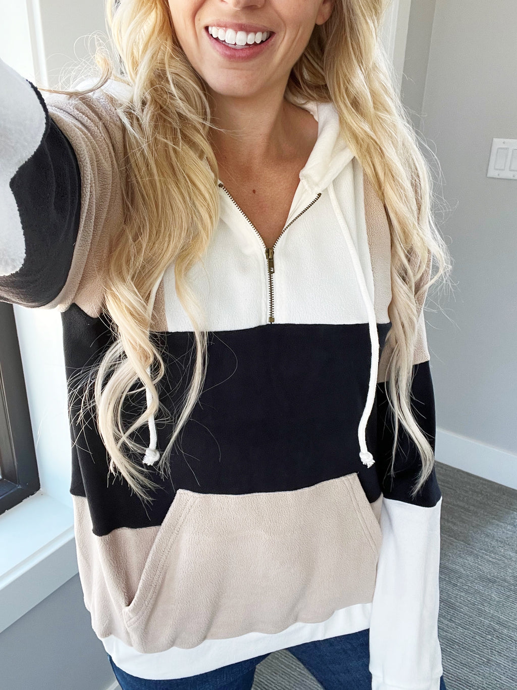Look Around Fleece Color Block Half-Zip Hoodie in Ivory Black and Taupe