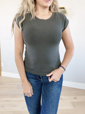 Who Are You Ribbed Cap Sleeve Tee In Charcoal