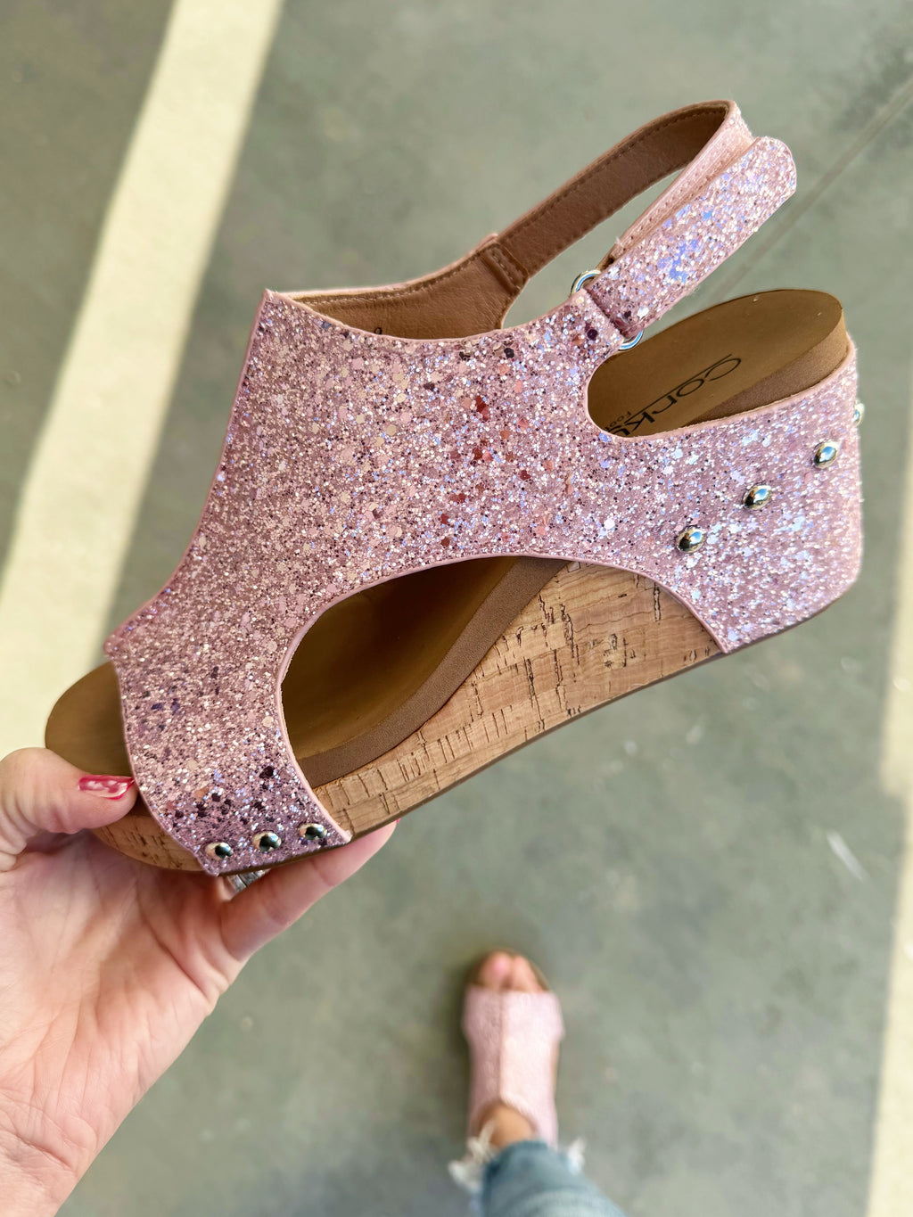 Corky's Light Pink Glitter Wedge Sandal