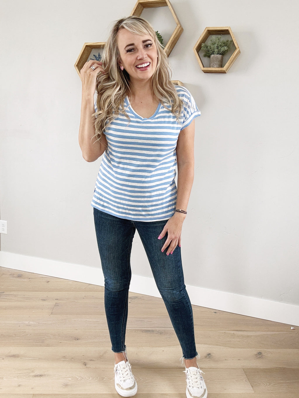 Jessie's Girl V-Neck Striped Short Sleeve in Blue