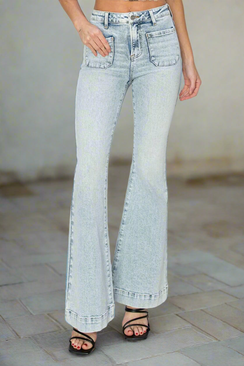 Risen High Rise Front Patch Pocket Flare Jeans
