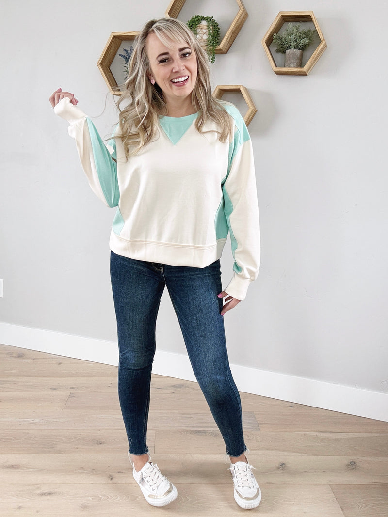Fast Cars Long Sleeve Color Block Pullover in Ecru