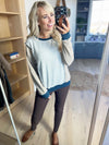 Harmony Blanket Stitched Color Block Pullover in Taupe & Teal