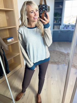 Harmony Blanket Stitched Color Block Pullover in Taupe & Teal