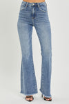 Risen High Rise Raw Hem Flare Jeans
