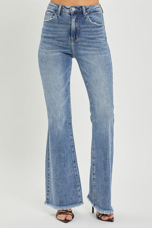 Risen High Rise Raw Hem Flare Jeans