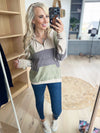 Shadows Fleece Color Block Half-Zip Hoodie in Taupe Charcoal and Sage