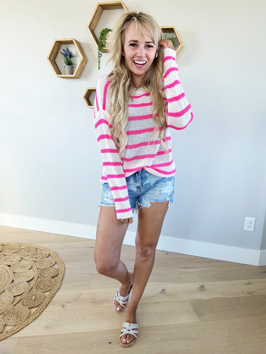 Keeping It Cool Striped Sweater in Ivory and Fuchsia