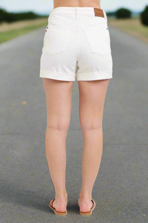 Judy Blue High Rise Double Roll Cuffed Shorts in White