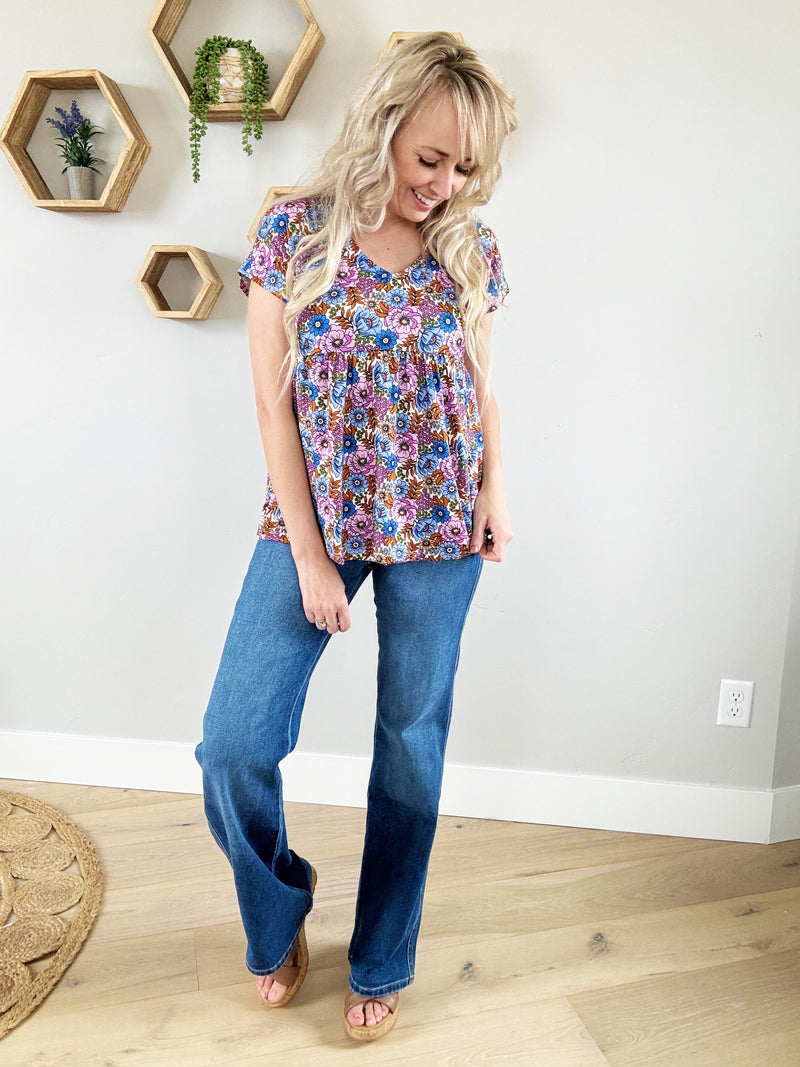 Connections Floral Babydoll Top in Denim and Lavender
