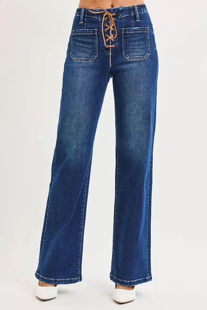 Risen High Rise Wide Leg Jeans with Front Tie Detail