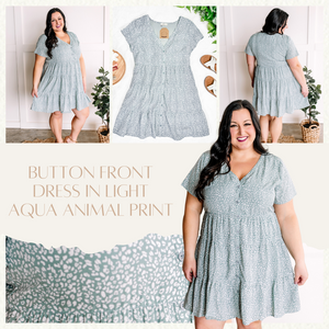 Button Front Dress In Light Aqua Animal Print