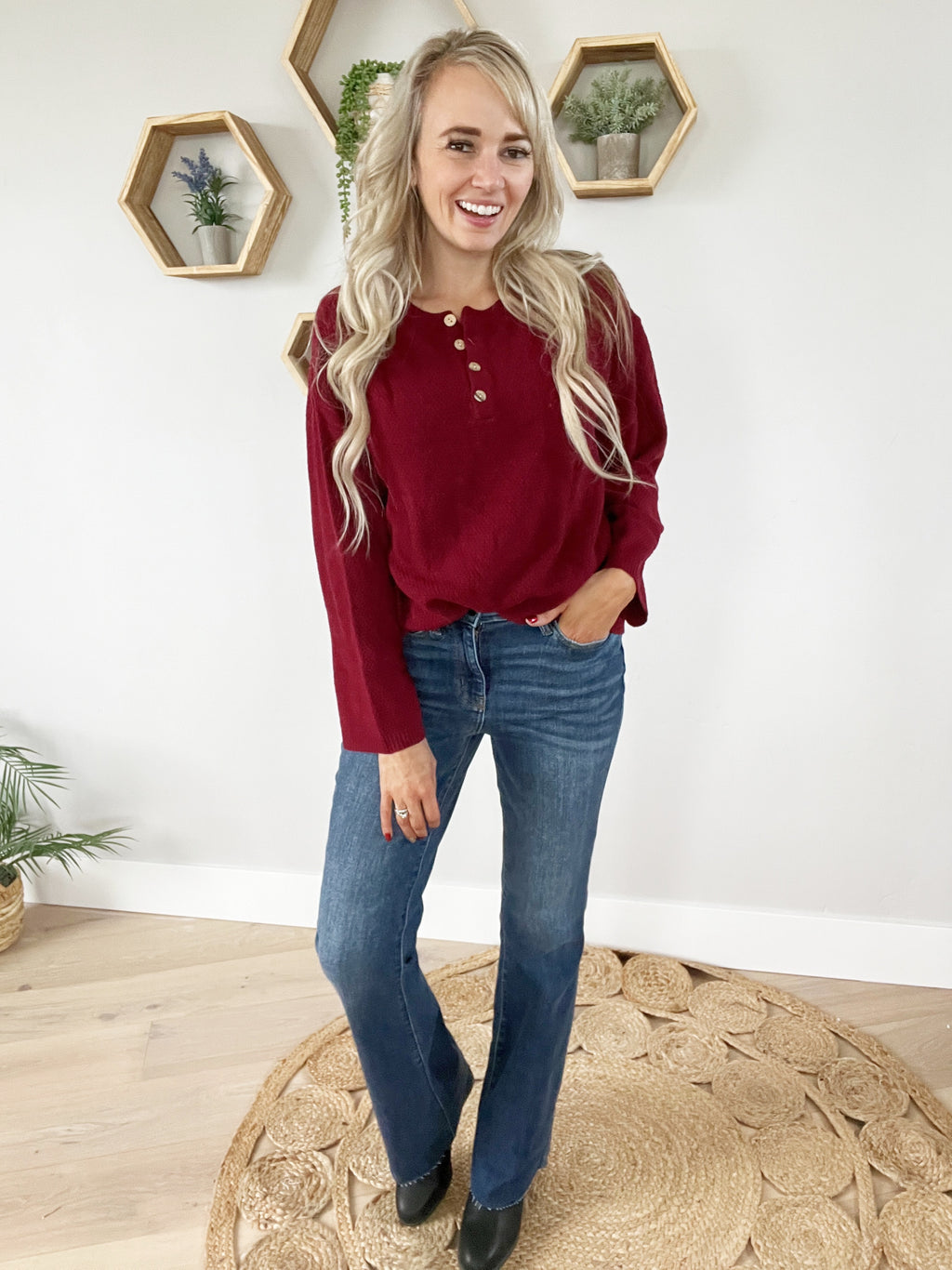 Henry Neck Sweater Top in Red Bean