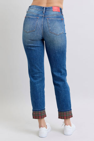Judy Blue Plaid Cuffed Straight Leg Jeans
