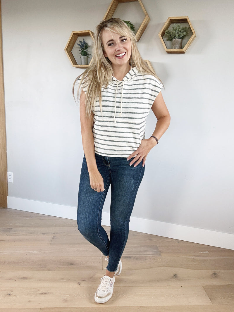 Easy Breezy Striped Short Sleeve Hoodie in Black and Cream