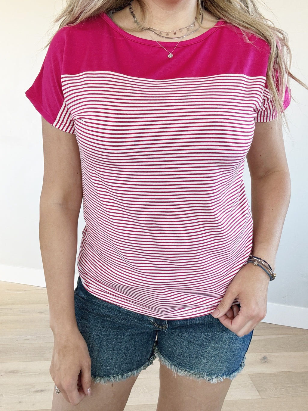 Call Me Crazy Color Blocked Pin Striped Top in Fuchsia