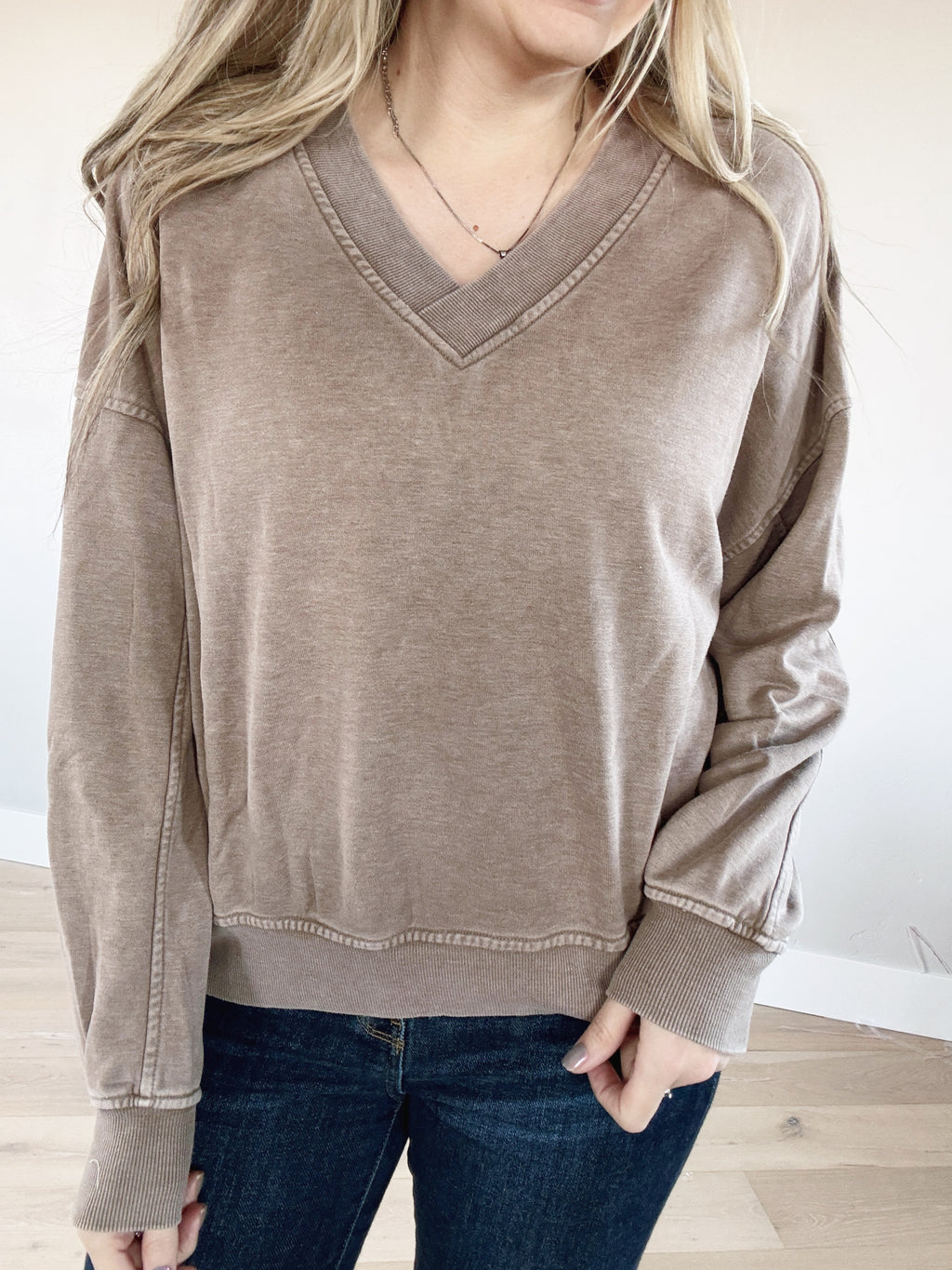 World's Greatest Mineral Washed French Terry V-Neck in Mocha