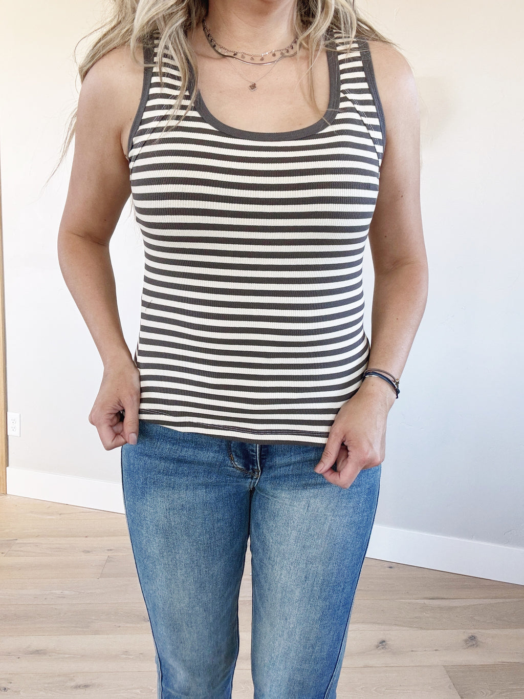 Attention Grabber Striped Tank in Charcoal