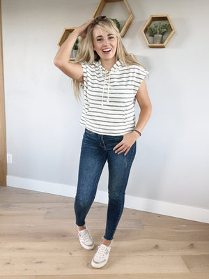 Easy Breezy Striped Short Sleeve Hoodie in Black and Cream