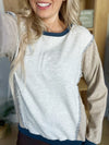Harmony Blanket Stitched Color Block Pullover in Taupe & Teal