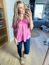 Pleat Front V-Neck Top in Pink Cosmos