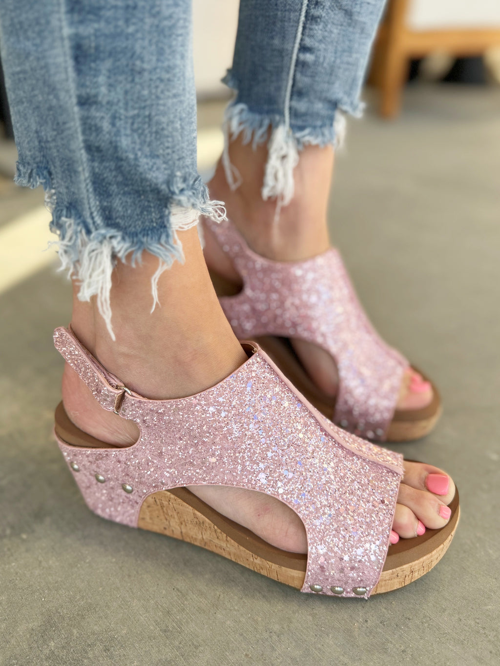 Corky's Light Pink Glitter Wedge Sandal