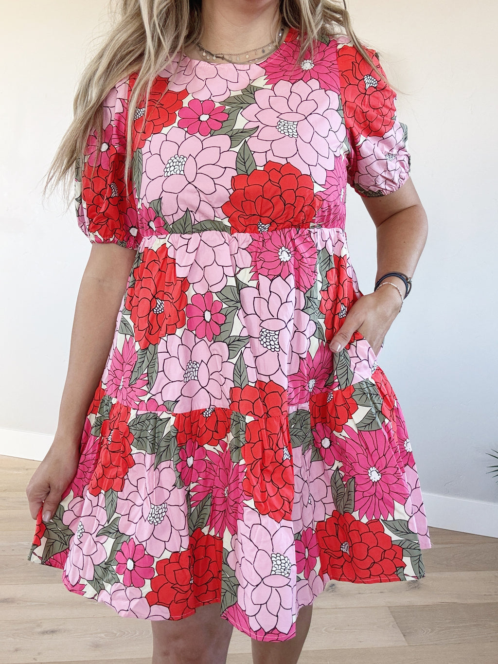 Vibrant Floral Tiered Dress in Coral