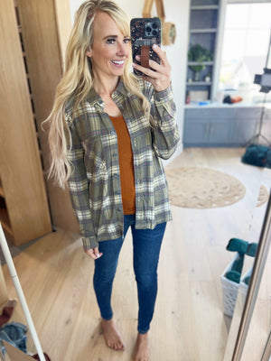 No Fool Plaid Long Sleeve Top in Olive