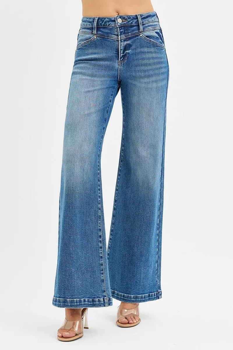 Risen High Rise Wide Leg Jeans with Front Yoke Detail