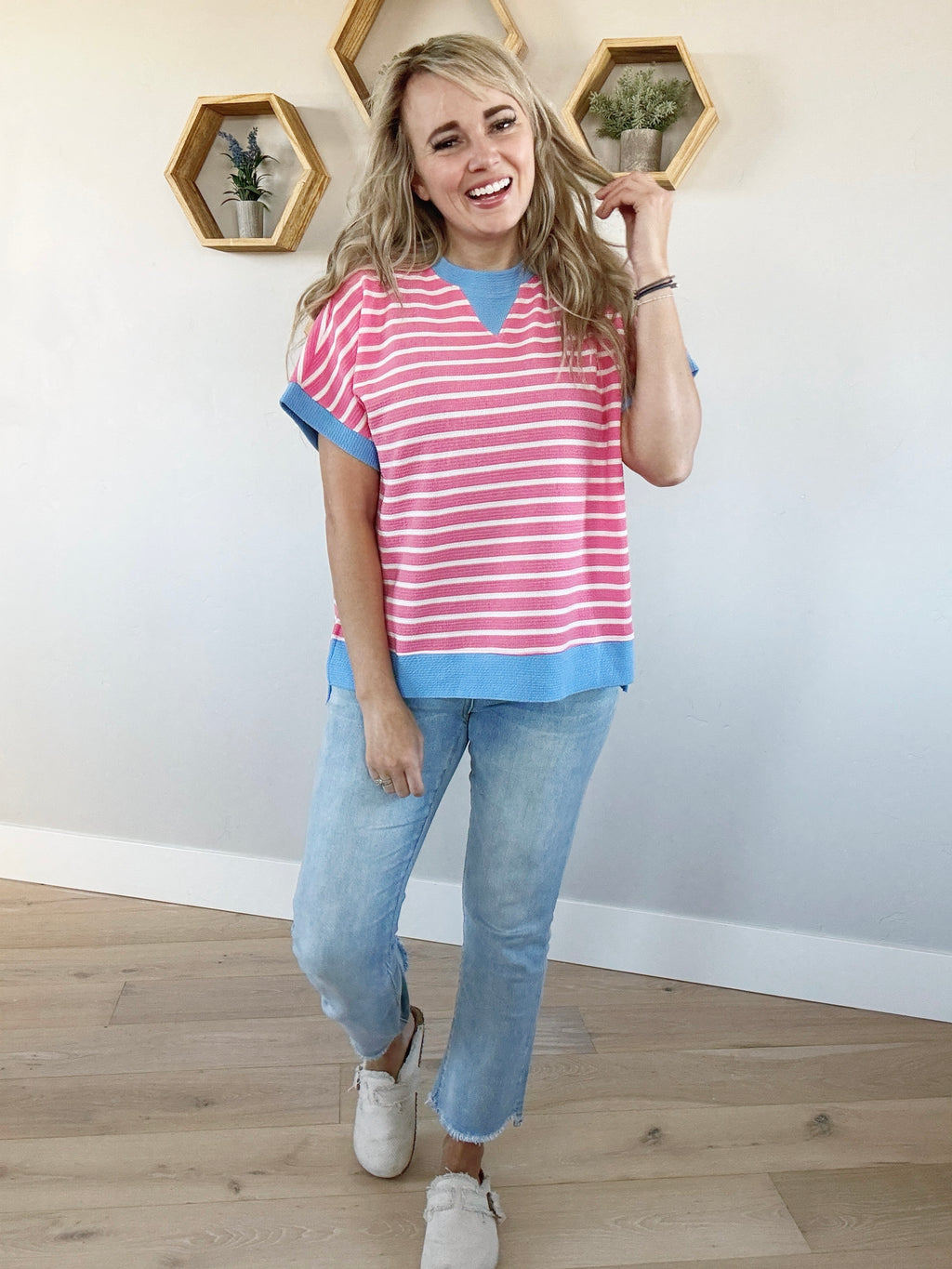 Suburban Chic Striped Short Sleeve in Pinkberry and Blue