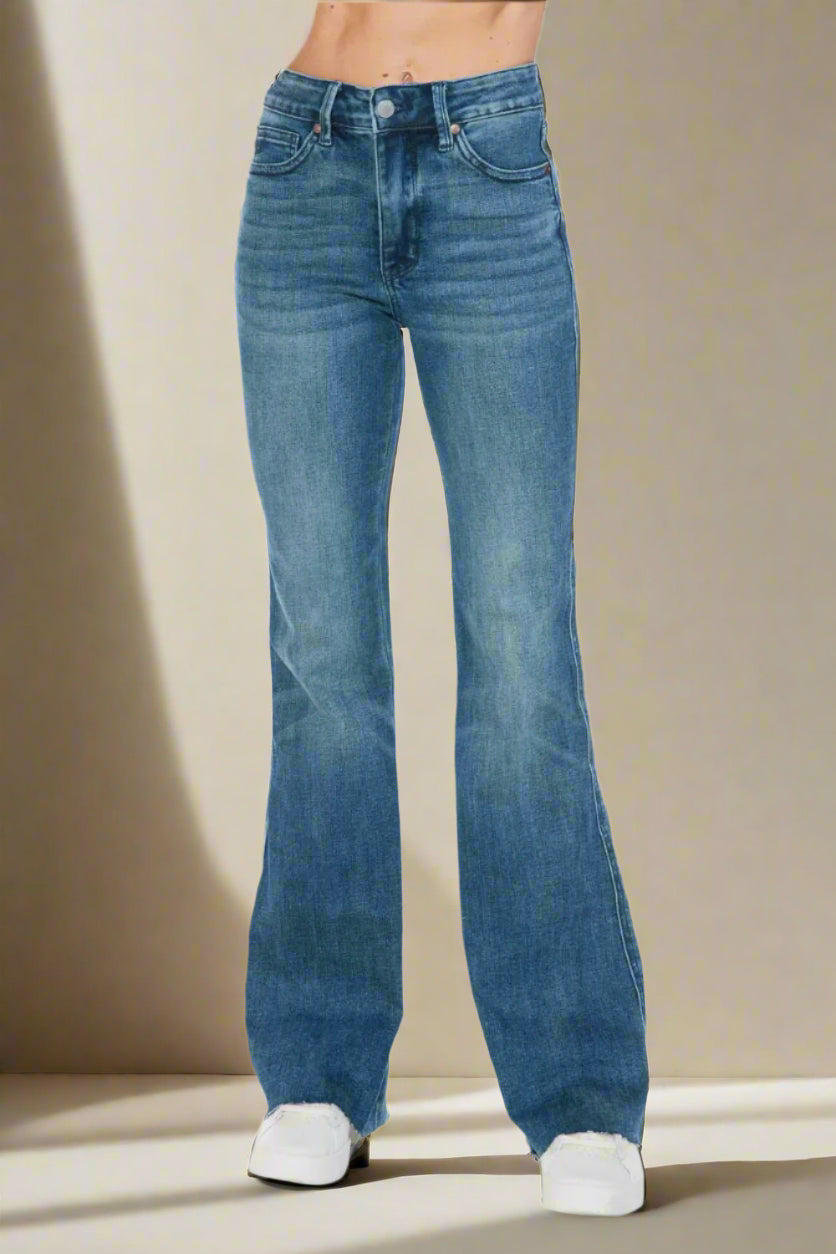 Judy Blue Mid Rise Tummy Control Cut Hem Flare Jeans