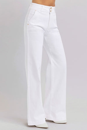 Risen Tummy Control Double Button Wide Leg Jeans