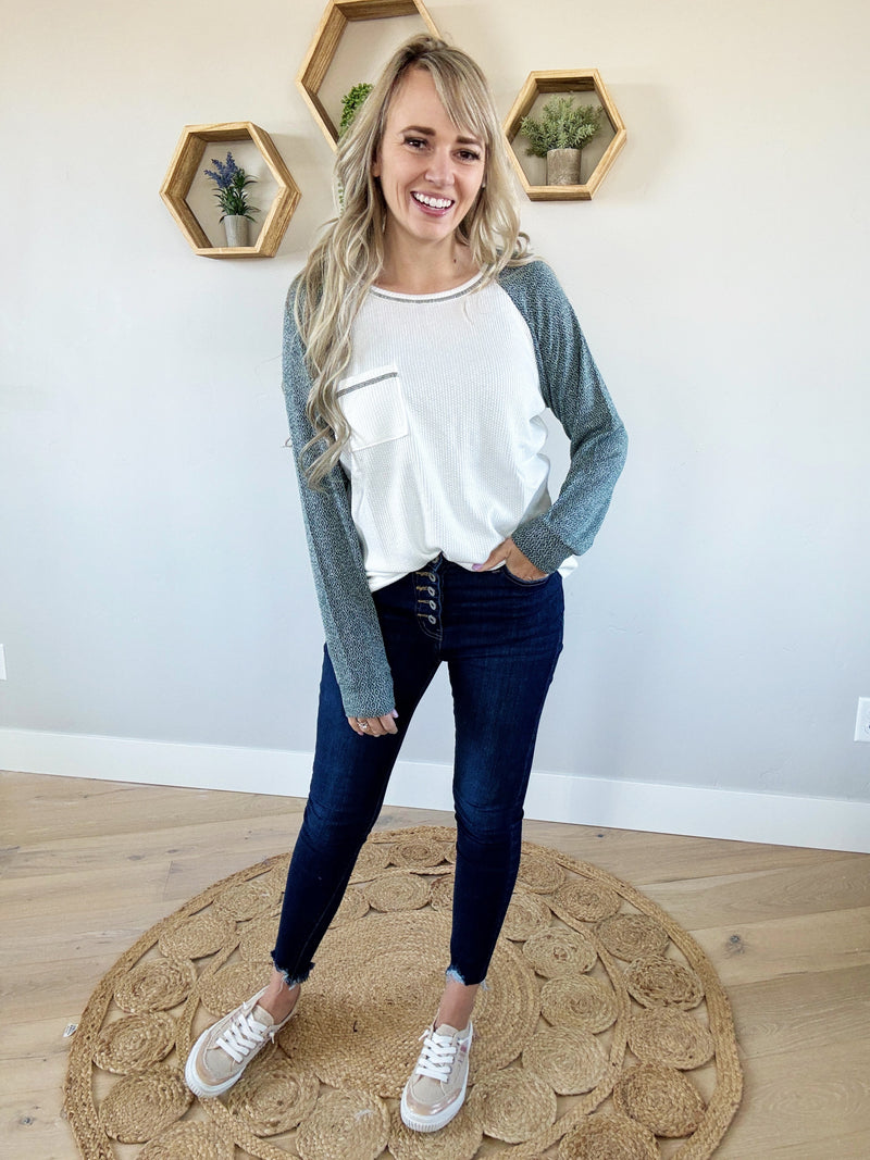 Beautiful Day Color Block Waffle Top in Ivory and Hunter Green (SALE)
