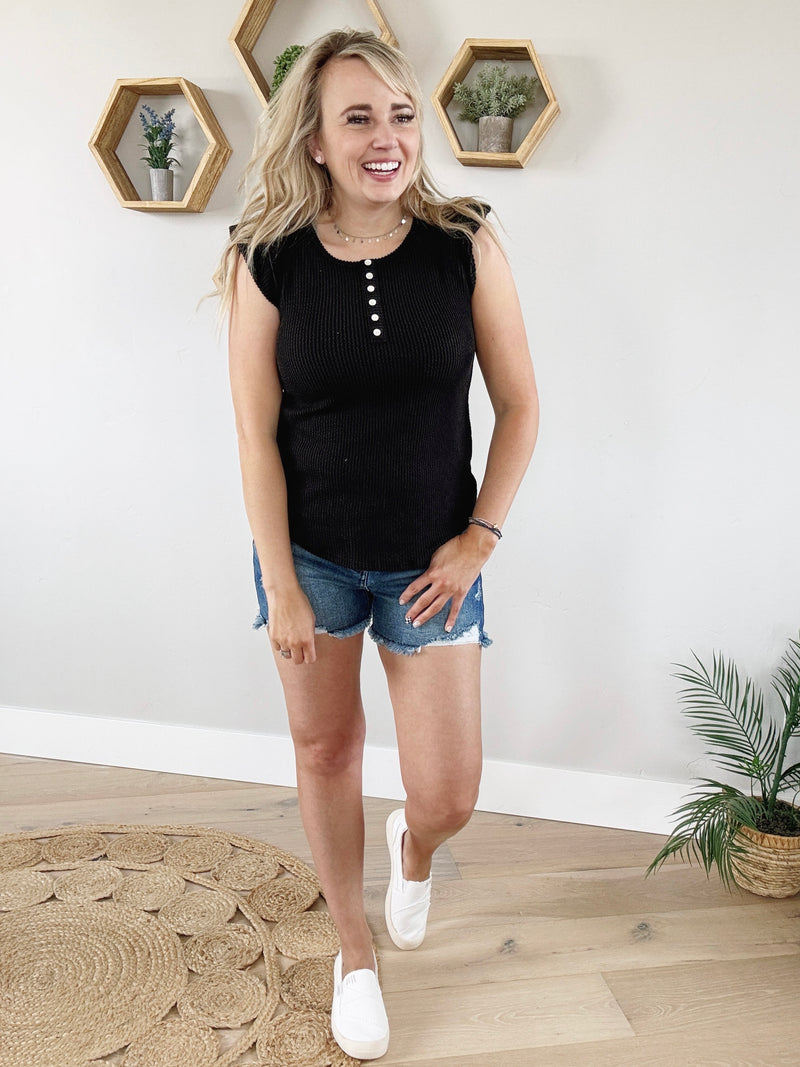 My Way Solid Ribbed Button Top in Black