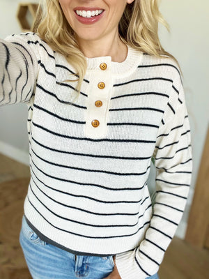 Good Intentions Long Sleeve Striped Top with Button Detail in Navy and Ivory