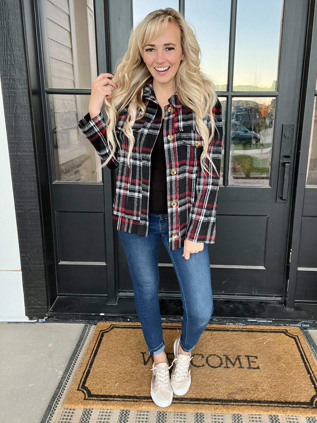 Smart & Sassy Brushed Plaid Shacket in Black and Red