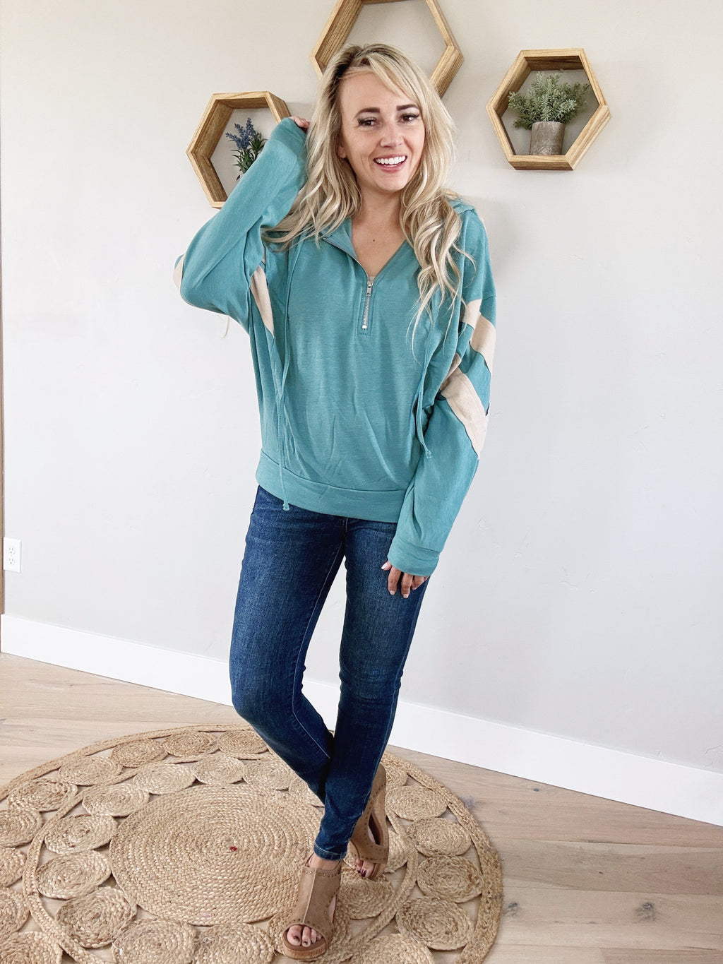 See You Later Brushed Terry Contrast Zip Up Hoodie in Jade