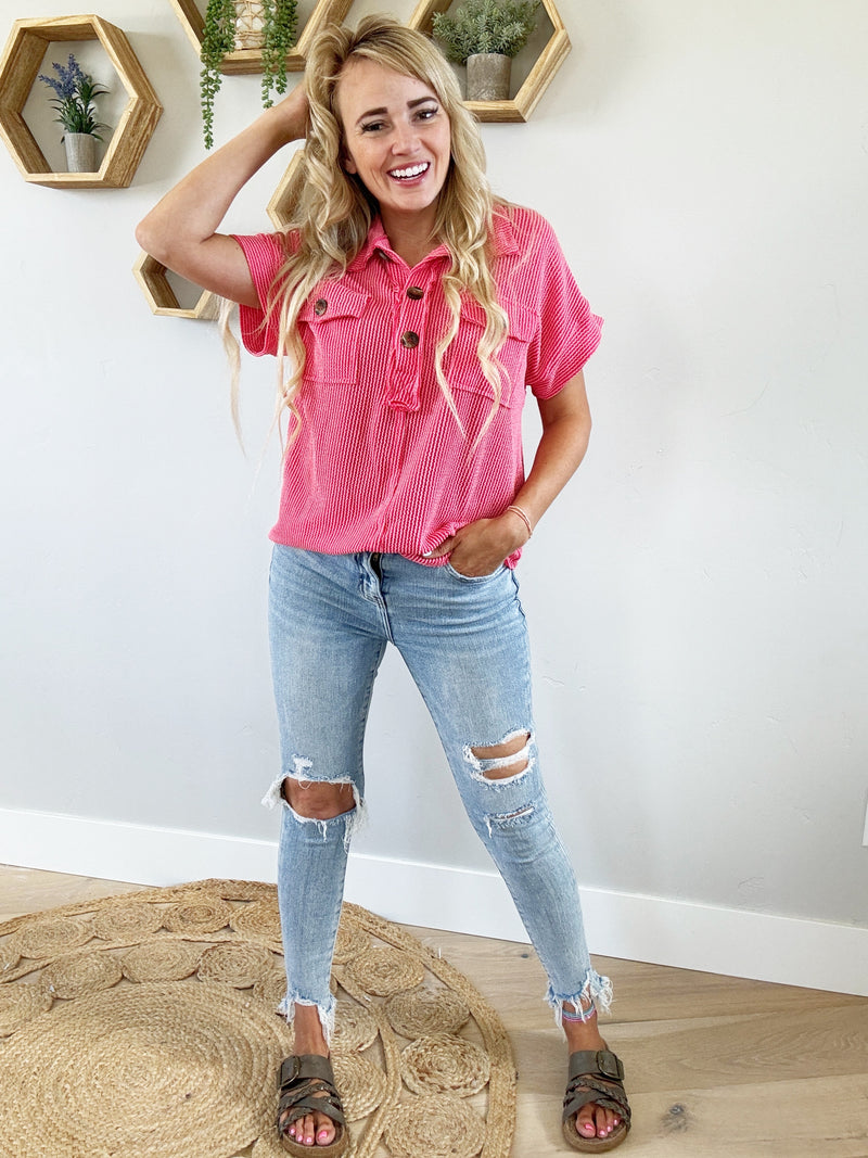 Day Off Short Sleeve Loose Fit Top in Coral